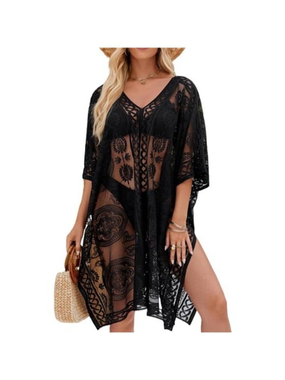 Women's Sexy Elegant Lace Beach Cover Up Bathing Suit Cover Up V-Neck, Black